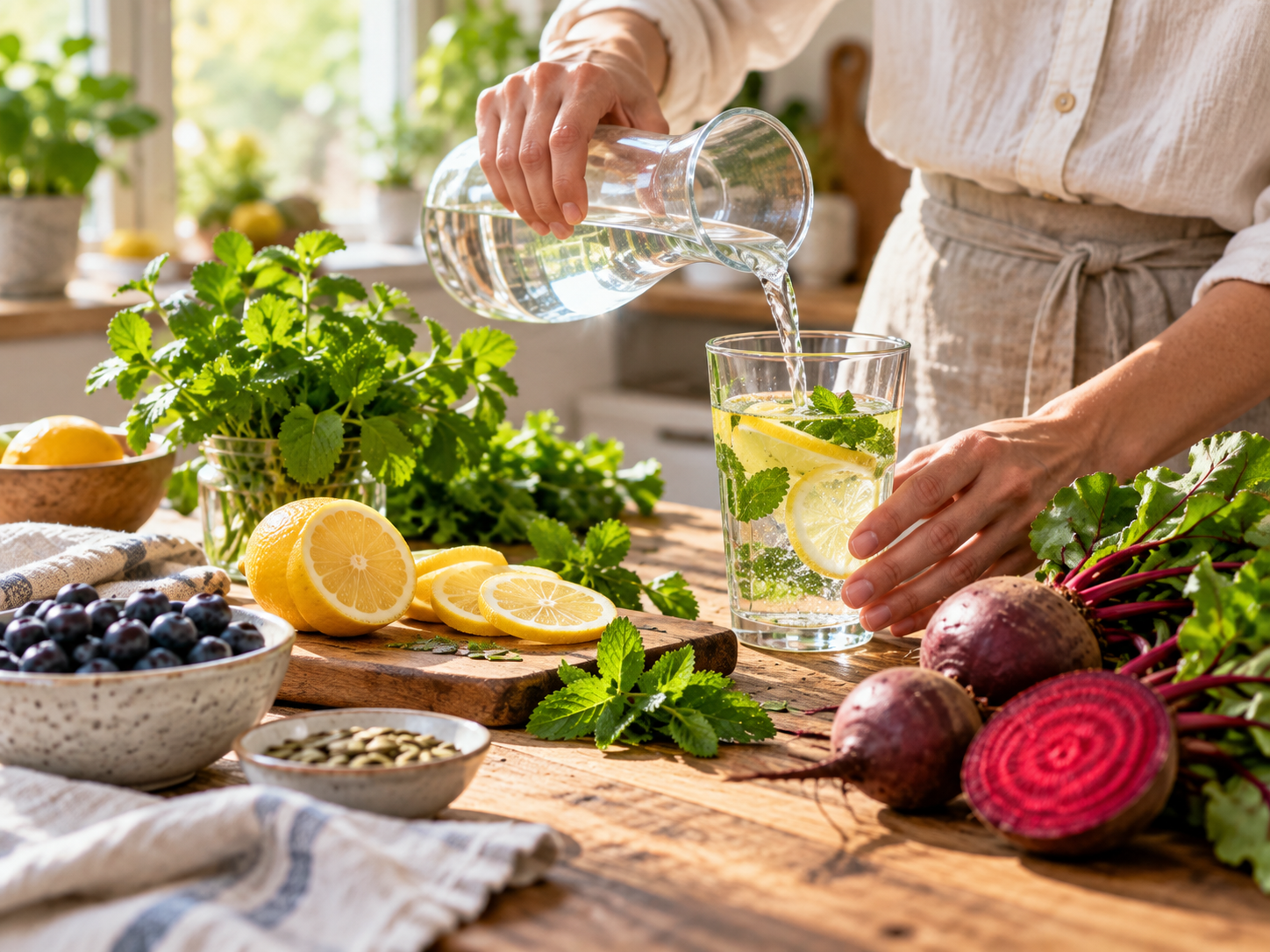 Szklanka wody z cytryną i świeże produkty wspierające naturalne procesy oczyszczania organizmu